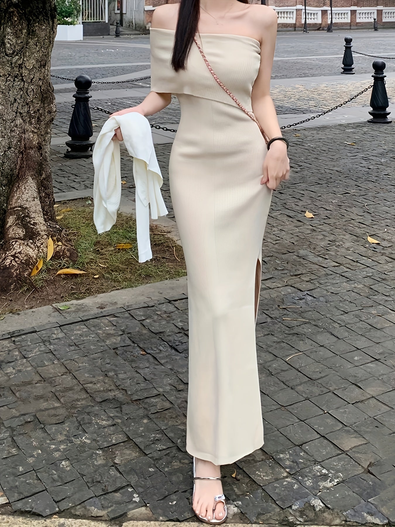 Solid Color One-shoulder Dress, Chic Skew Neck Split Hem Slim Dress, Women's Clothing