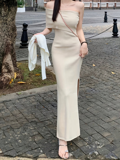 Solid Color One-shoulder Dress, Chic Skew Neck Split Hem Slim Dress, Women's Clothing