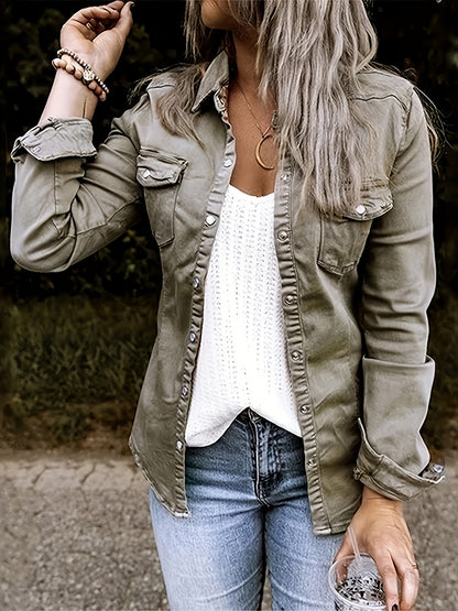 Long Sleeves Denim Shirt, Single-Breasted Button Flap Pockets Non-Stretch Lapel Denim Jackets, Women's Denim Clothing