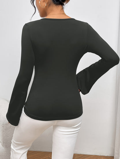 vlovelaw  Solid Color V-neck Flared  Long Sleeve Shirt, Casual Sports Yoga Fitness Top, Women's Clothing
