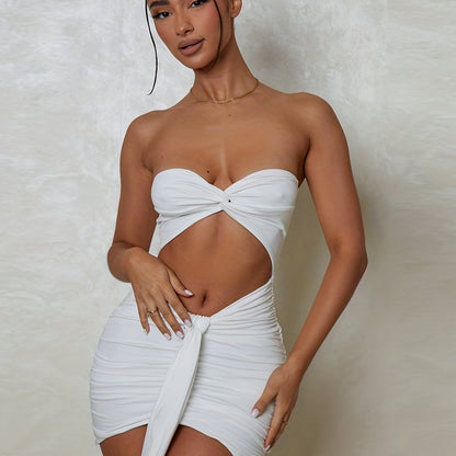 vlovelaw Ruched Cut Out Tube Dress, Club Wear Knotted Bodycon Mini Dress, Women's Clothing