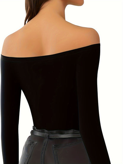 vlovelaw  Off Shoulder Skinny Bodysuit, Solid Long Sleeve Bodysuit, Women's Clothing