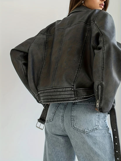 vlovelaw  Vintage Lapel Belted Biker Jacket, Long Sleeve Slant Zipper Pockets Loose Jacket, Women's Clothing