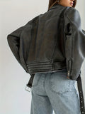 vlovelaw  Vintage Lapel Belted Biker Jacket, Long Sleeve Slant Zipper Pockets Loose Jacket, Women's Clothing