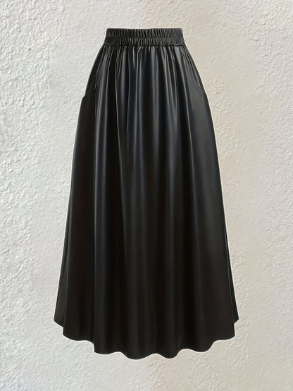 Plus Size Street Style Skirt, Women's Plus Solid PU Leather Elastic High Rise Maxi Skirt With Pockets