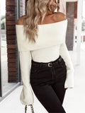 vlovelaw  Stylish Solid Off Shoulder Sweater, Casual Long Sleeve Sweater, Casual Tops For Fall & Winter, Women's Clothing