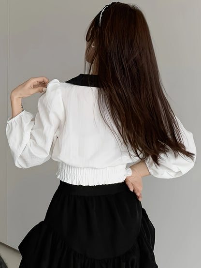Contrast Trim Bow Decor Blouse, Sweet Lantern Sleeve Blouse For Spring & Fall, Women's Clothing