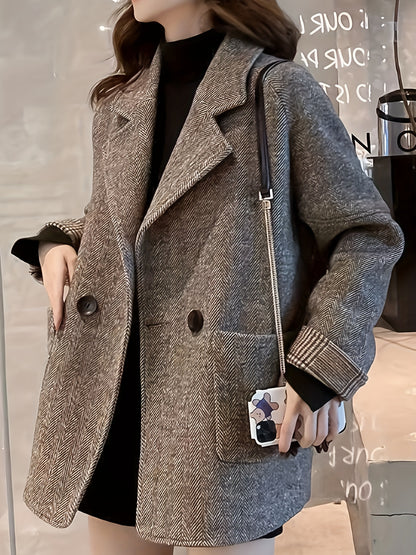 vlovelaw  Herringbone Button Front Blazer, Elegant Lapel Long Sleeve Blazer For Office & Work, Women's Clothing