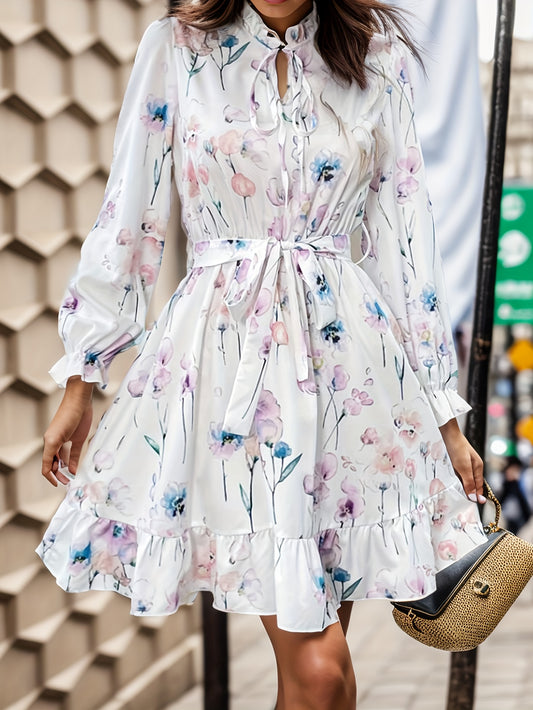 vlovelaw  Floral Print Tie Neck Dress, Boho Long Sleeve Ruffle Trim Dress, Women's Clothing