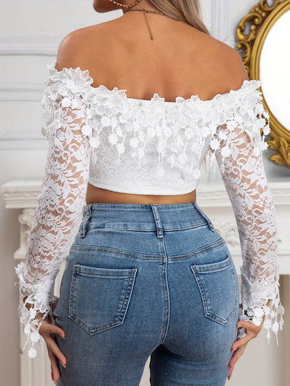 vlovelaw  Applique Off-shoulder Crop Top, Long Sleeve Slim Top For Spring & Summer, Women's Clothing