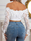 vlovelaw  Applique Off-shoulder Crop Top, Long Sleeve Slim Top For Spring & Summer, Women's Clothing