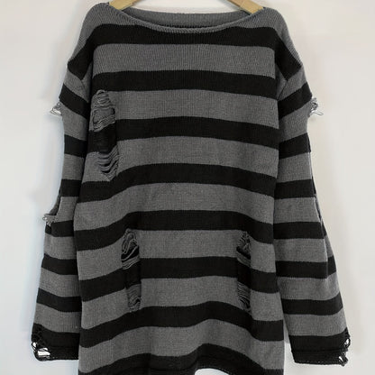 vlovelaw Grunge Striped Print Ripped Knit Sweater, Street Wear Long Sleeve Sweater, Women's Clothing