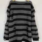 vlovelaw Grunge Striped Print Ripped Knit Sweater, Street Wear Long Sleeve Sweater, Women's Clothing