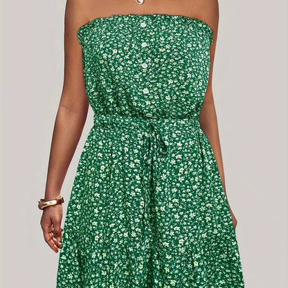 Ditsy Floral Off Shoulder Dress, Sexy Sleeveless Drawstring Summer Dress, Women's Clothing