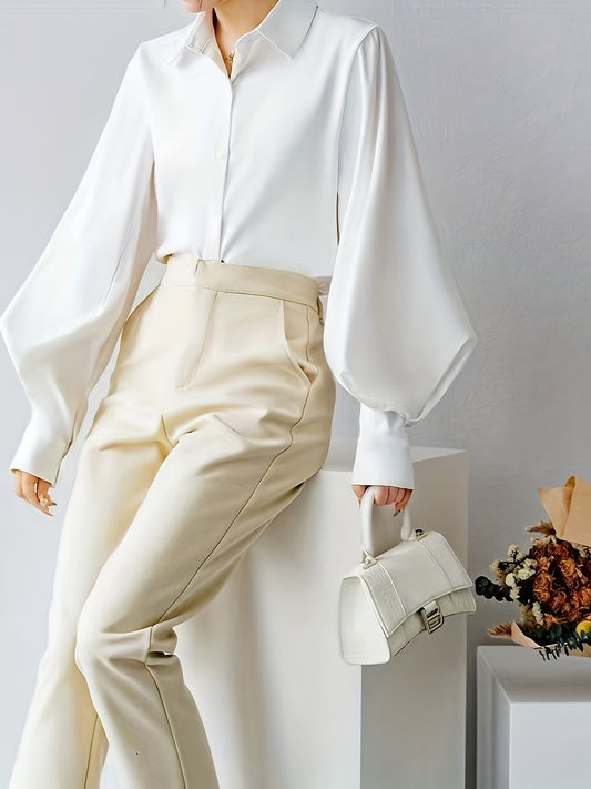 vlovelaw  Solid Polo Collar Blouse, Casual Long Lantern Sleeve Blouse For Spring & Fall, Women's Clothing