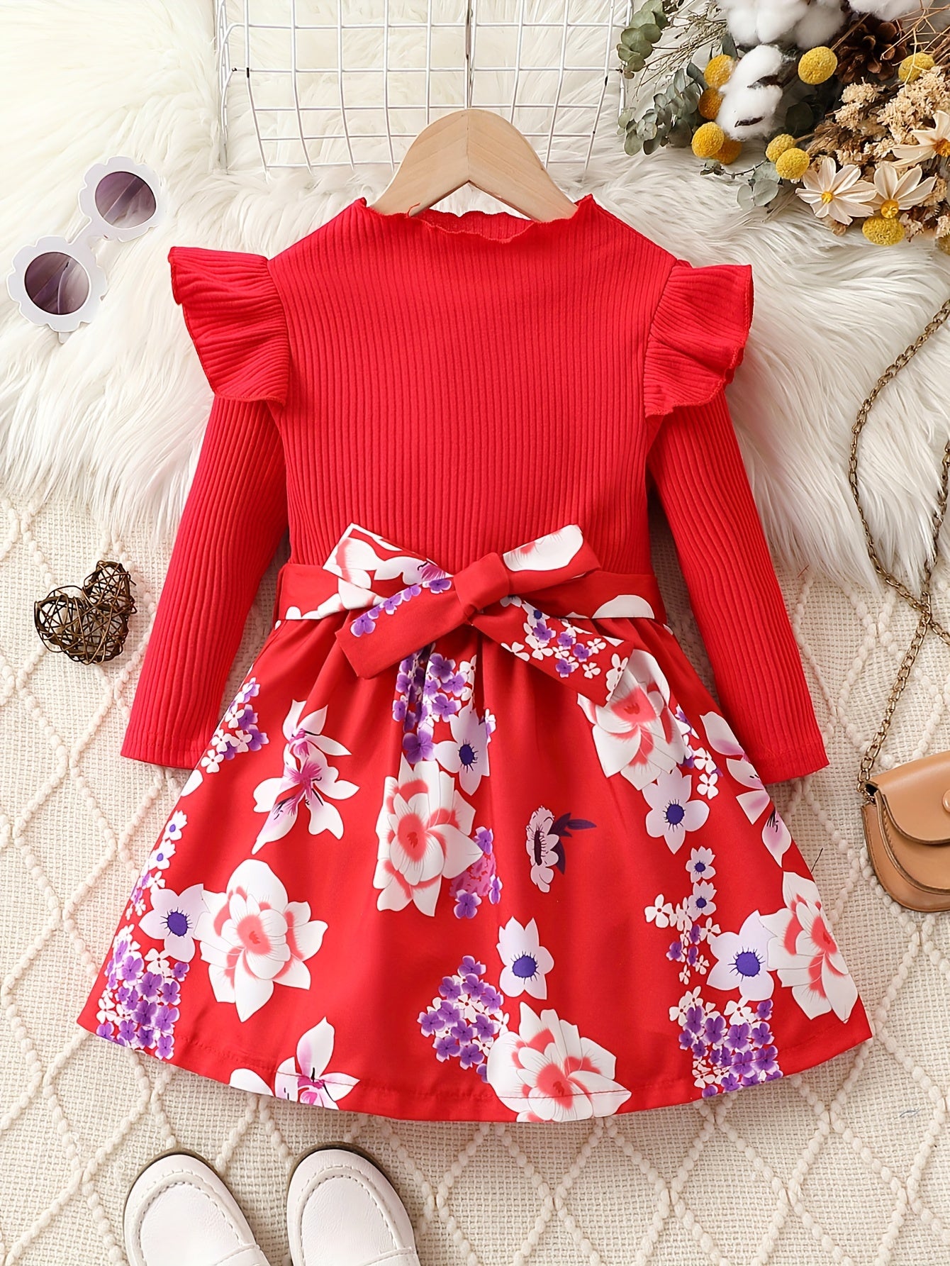vlovelaw  Girl's Leopard Print Stitching Rib Knit Comfort Fit Long Sleeve Dress For Party Going Out, Kid's Dresses Gift Idea