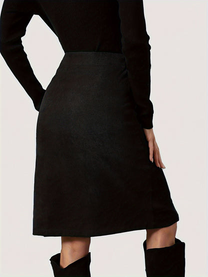 Solid Button Front Corduroy Skirt, Casual High Waist Knee Length Skirt, Women's Clothing