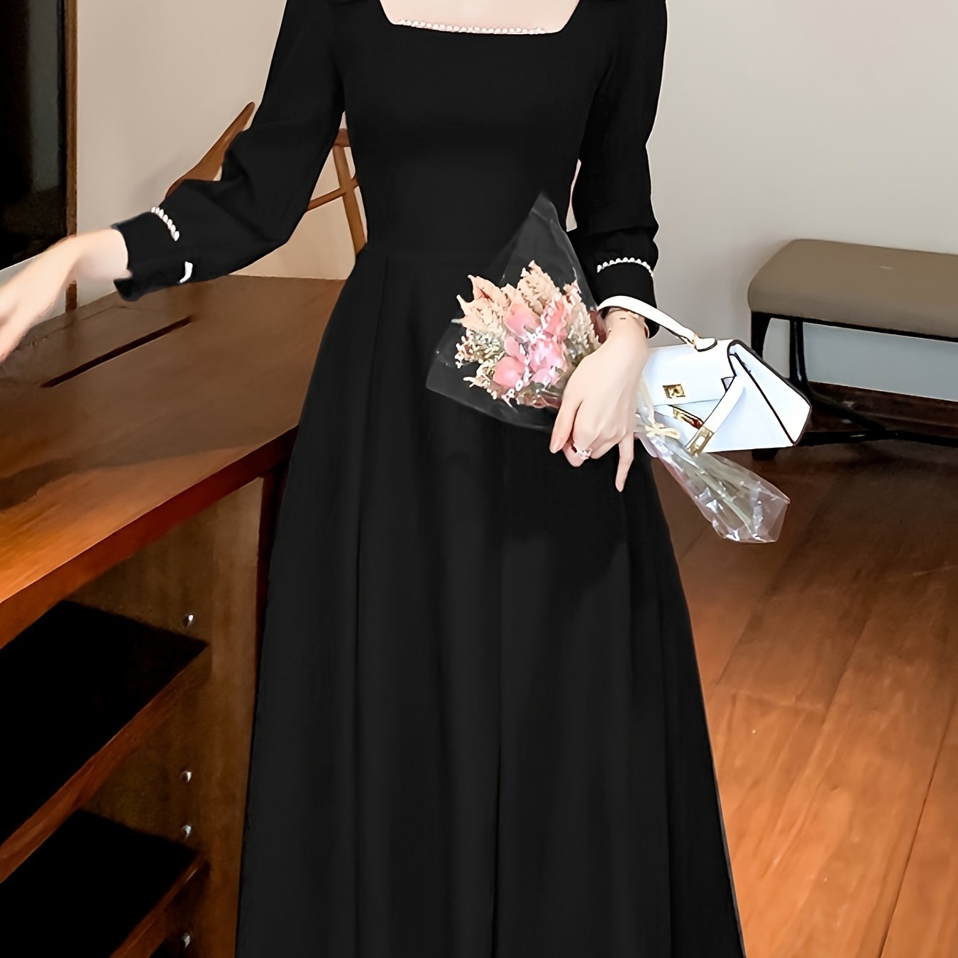 vlovelaw  Beaded Square Neck Dress, Elegant Bow Decor Aline Dress For Wedding Party, Women's Clothing