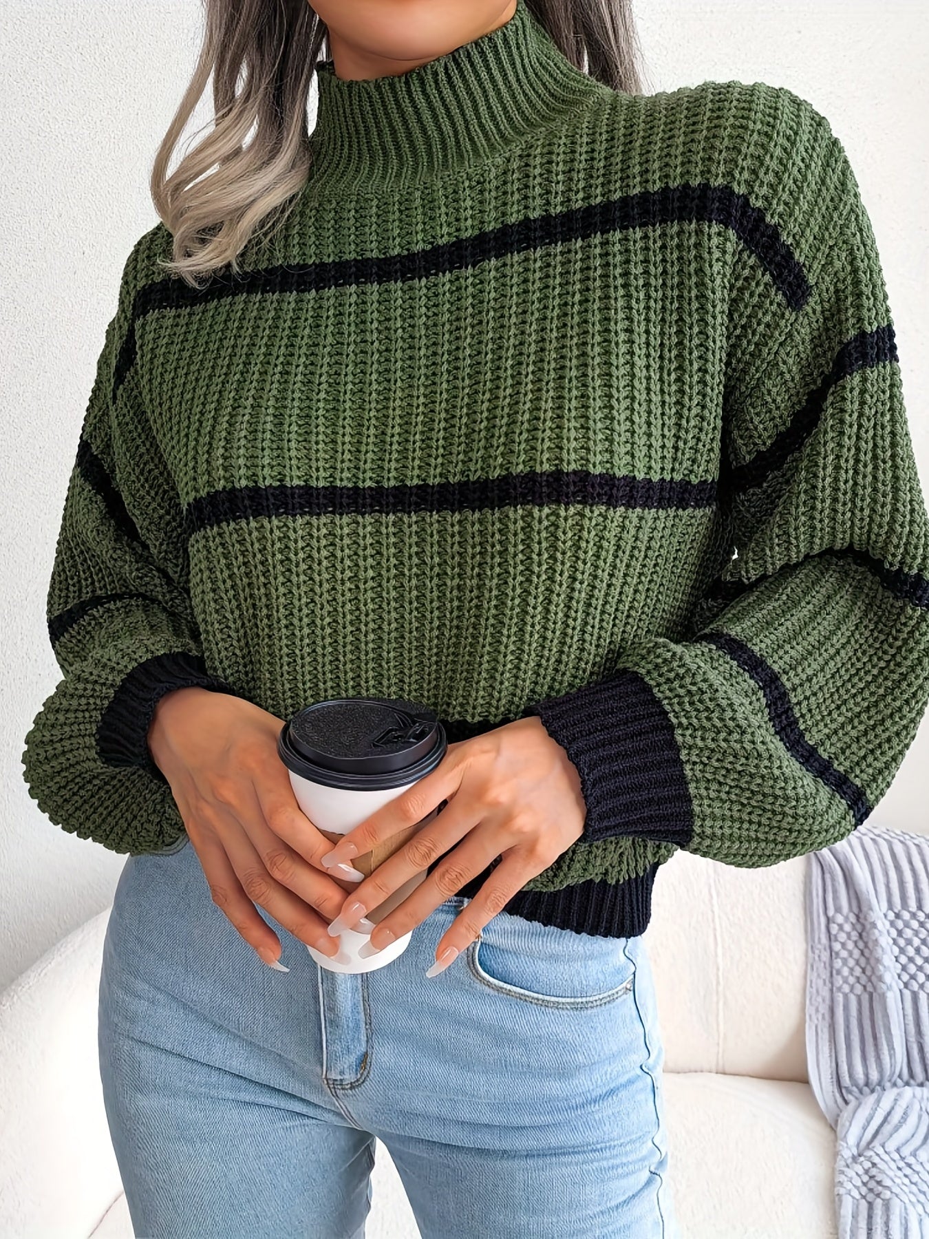 vlovelaw Striped Color Block Crew Neck Sweater, Casual Long Sleeve Loose Fall Winter Knit Sweater, Women's Clothing