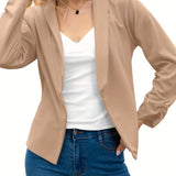 Elegant Solid Long Sleeve Blazer, Open Front Lapel Blazer, Elegant & Stylish Tops For Office & Work, Women's Clothing