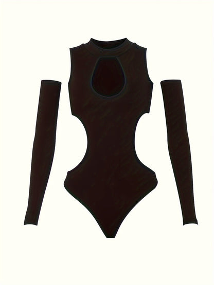 vlovelaw  Solid Cut Out Bodysuit, Casual Long Sleeve Mock Neck One Piece Bodysuit, Women's Clothing