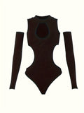 vlovelaw  Solid Cut Out Bodysuit, Casual Long Sleeve Mock Neck One Piece Bodysuit, Women's Clothing