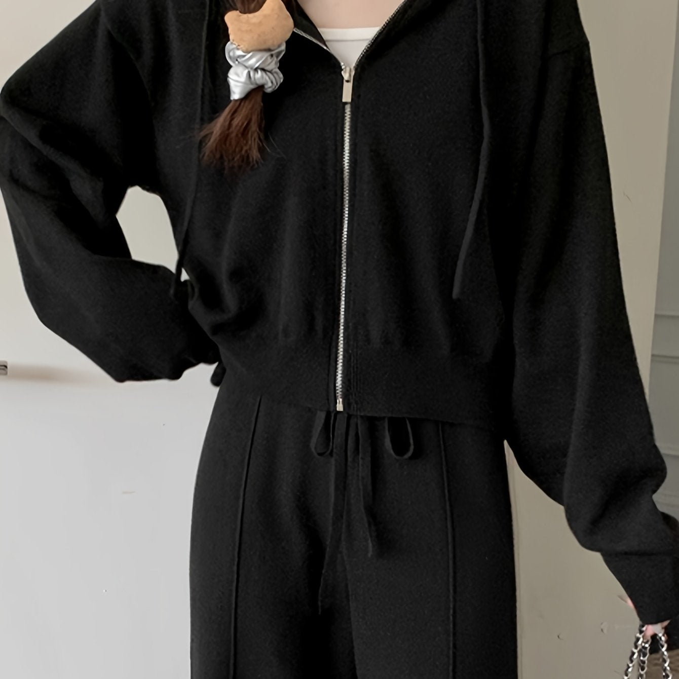 vlovelaw Zip Up Solid Hoodie, Casual Long Sleeve Drawstring Hoodie, Women's Clothing