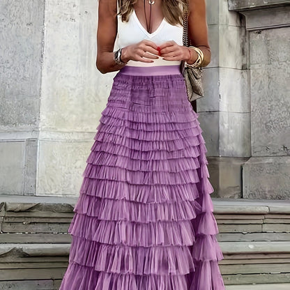 vlovelaw  Mesh Layered Hem Skirt, Boho High Waist Skirt, Women's Clothing