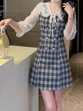 Plaid Print Contrast Lace Dress, Elegant Bodycon Tie Front A Line Dress, Women's Clothing
