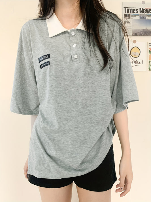vlovelaw Letter Print T-shirt, Casual Short Sleeve Collared Top For Spring & Summer, Women's Clothing