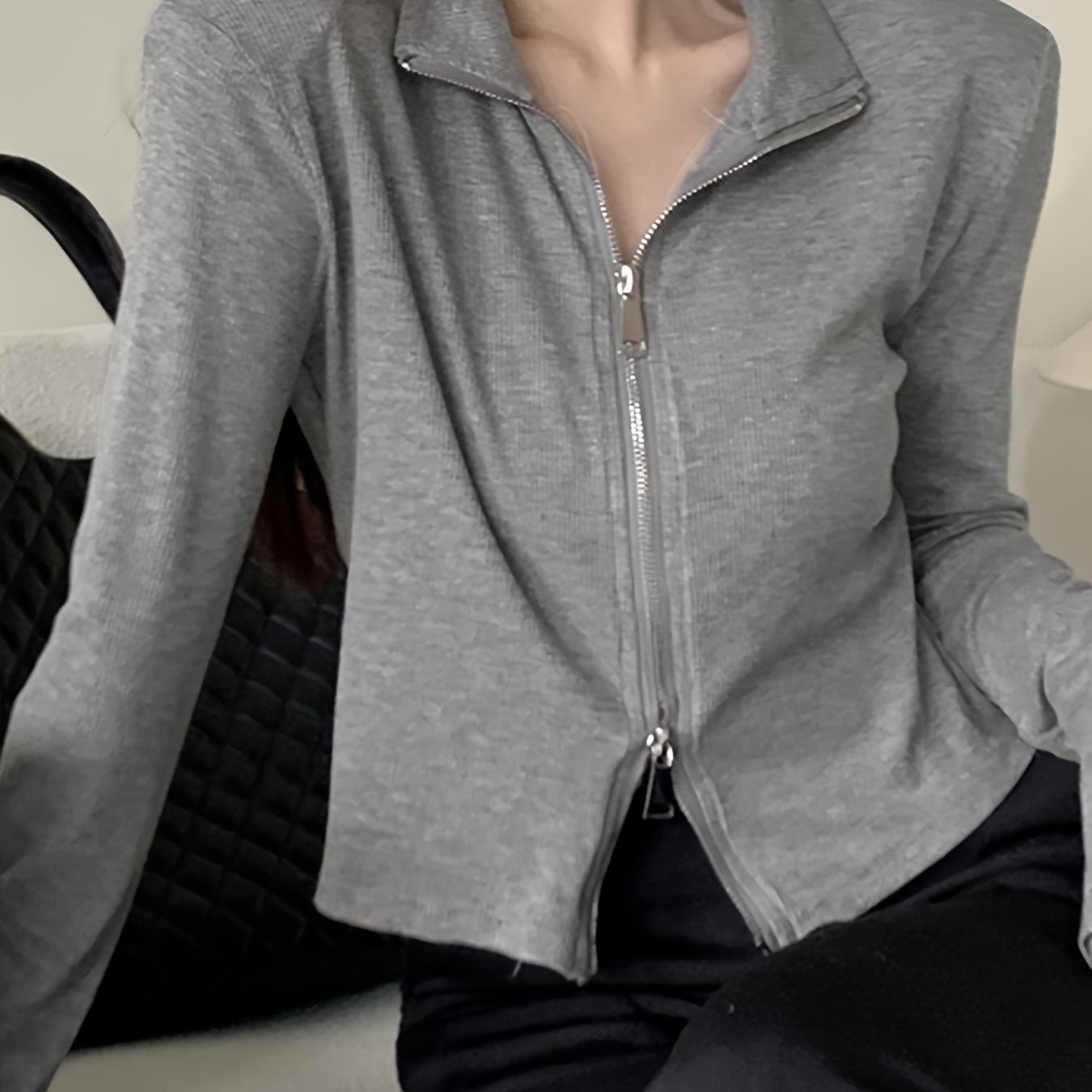 vlovelaw Solid Color Zipper Lapel T-Shirt, Casual Long Sleeve Top For Spring & Fall, Women's Clothing