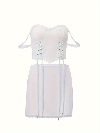 vlovelaw  Sexy Two-piece Skirt Set, Lace Up Bustier Lace Strap Top & Lace Hem Mini Skirt Outfits, Women's Clothing
