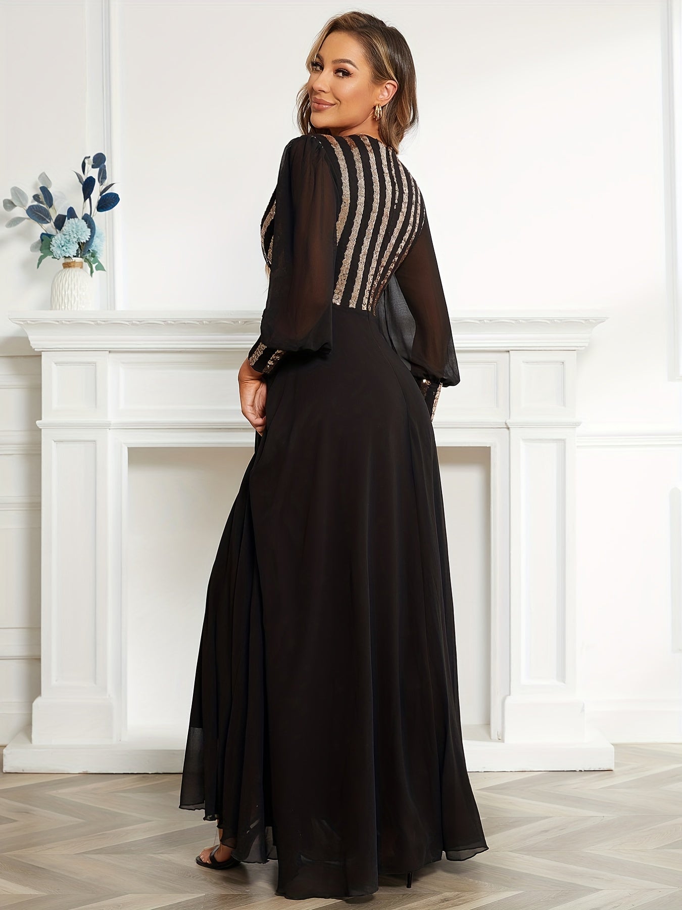 Elegant Striped Sequined Surplice Neck Dress, Sleeveless Ankle Dress For Party & Banquet, Women's Clothing