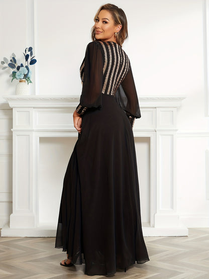 Elegant Striped Sequined Surplice Neck Dress, Sleeveless Ankle Dress For Party & Banquet, Women's Clothing