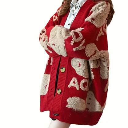 vlovelaw Bear & Letter Pattern Button Front Cardigan, Elegant Long Sleeve Drop Shoulder Outwear, Women's Clothing
