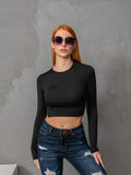 vlovelaw  Backless Drawstring Crop Tee, Y2K Crew Neck Long Sleeve Skinny Tee For Spring & Summer, Women's Clothing