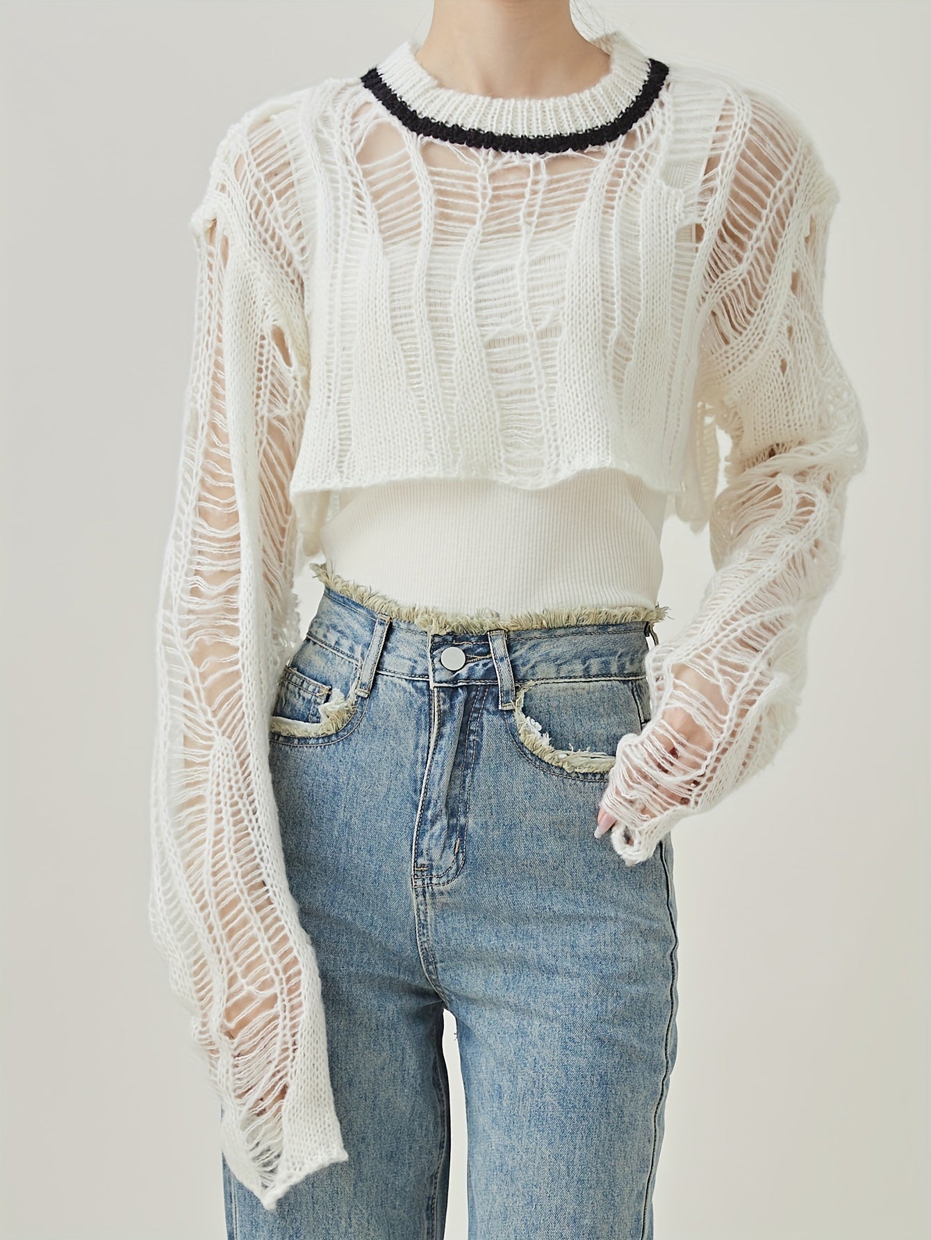 vlovelaw  Cut Out Knitted Pullover Sweater, Casual Long Sleeve Crew Neck Sweater, Women's Clothing