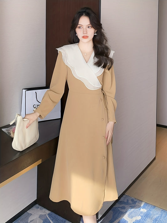 vlovelaw  Ruffle Trim Surplice Neck Dress, Elegant Long Sleeve Solid Dress, Women's Clothing