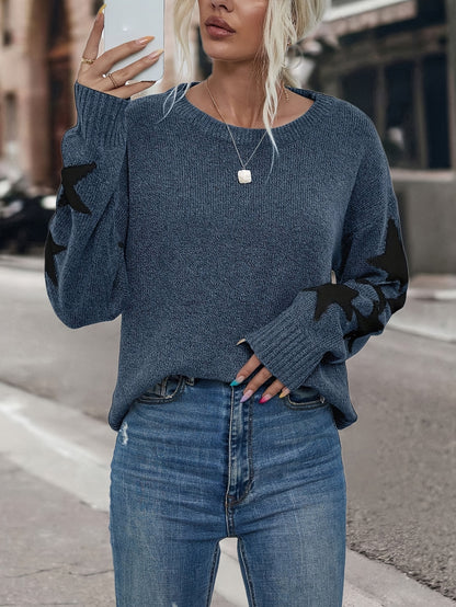 vlovelawStar Pattern Crew Neck Pullover Sweater, Vintage Long Sleeve Drop Shoulder Sweater, Women's Clothing