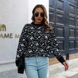 vlovelaw  Women's Star Sweater Casual Printed Knit Sweater Mock Neck Colorblock Long Sleeve Loose Fit Pullover Knitwear