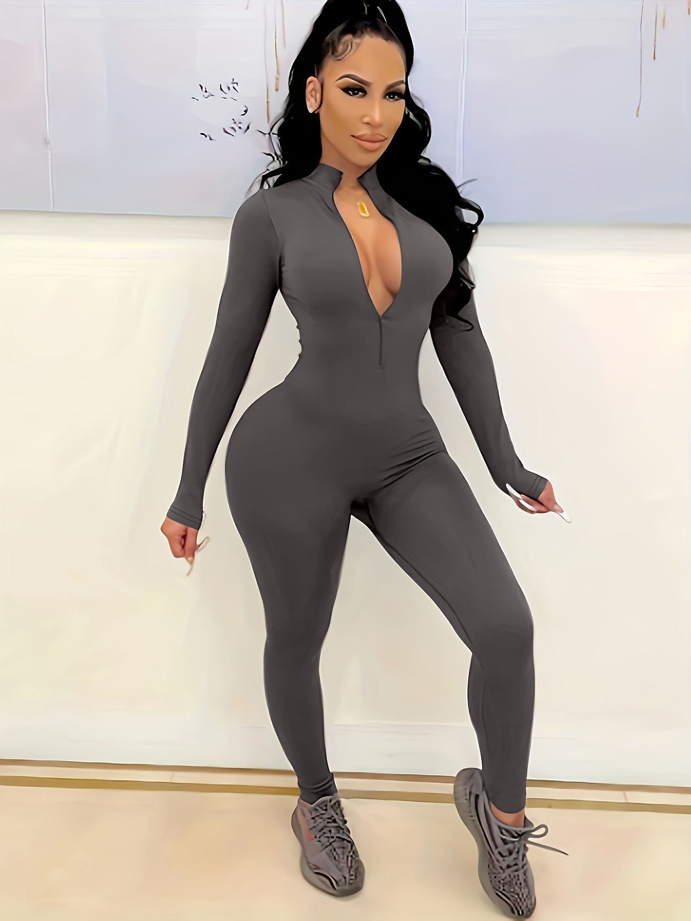 vlovelaw Solid Skinny Zipper Jumpsuit, Athleisure Long Sleeve Jumpsuit For Spring & Fall,  Women's Clothing