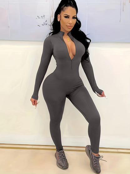 vlovelaw Solid Skinny Zipper Jumpsuit, Athleisure Long Sleeve Jumpsuit For Spring & Fall,  Women's Clothing