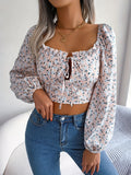Ditsy Floral Drawstring Blouse, Vacation Lantern Sleeve Cropped Ruffle Trim Blouse, Women's Clothing