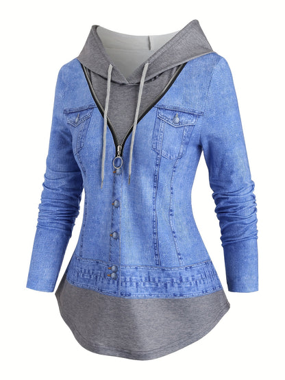 vlovelaw 2 In 1 Color Block Zip Front Hoodie, Casual Long Sleeve Drawstring Hoodies Sweatshirt, Women's Clothing