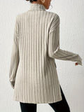 Ribbed Turtleneck Split Hem T-Shirt, Casual Long Sleeve Top For Spring & Fall, Women's Clothing