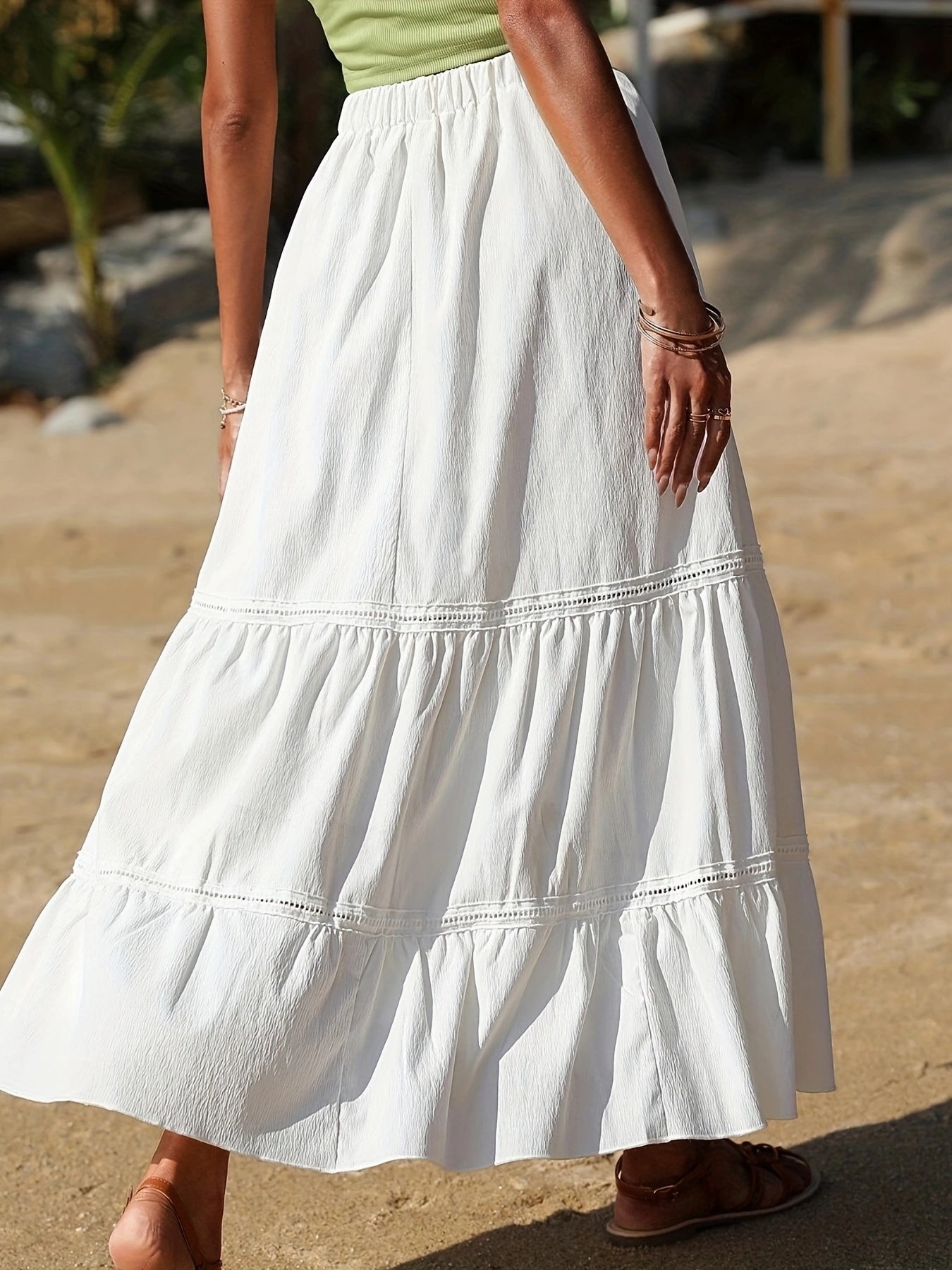 vlovelaw  Boho Solid A-line Tiered Skirt, Elastic Waist Casual Layered Skirt For Summer & Spring, Women's Clothing