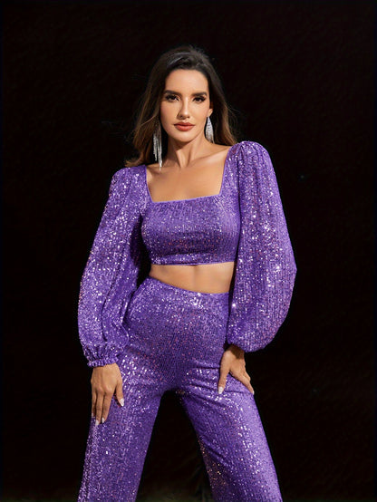 vlovelaw  Sequin Elegant Two-piece Set, Zip Back Square Neck Long Sleeve Top & Pants Outfits, Women's Clothing