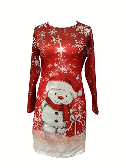 vlovelaw  Snowman Print Long Sleeve Dress, Casual Crew Neck Dress For Spring & Fall, Women's Clothing