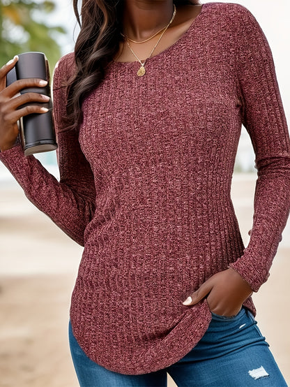 Long Sleeve Solid Color Crew Neck Casual T-shirt with Fake Buttons - Soft Mid-Elasticity Polyester Fabric, Regular Length, No Printing, Perfect for Spring and Fall Seasons