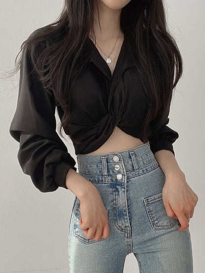 vlovelaw  Solid Collared Twist Bowknot Back Shirt, Elegant Puff Long Sleeve Shirt For Spring & Summer, Women's Clothing